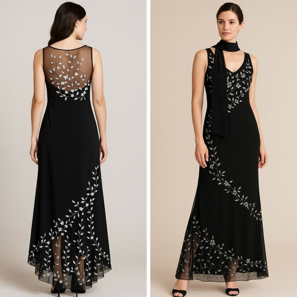 Vintage Black Embroidered Floral Beaded Mesh Evening Gown w/ Scarf | 90’s Y2K